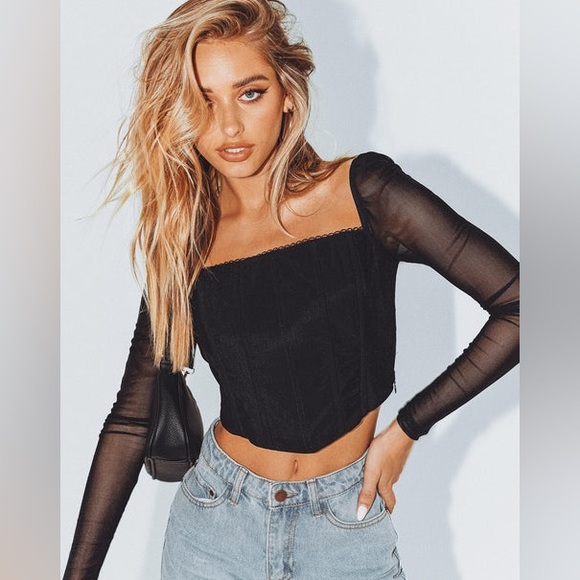 Princess Polly Corset Long Sleeve Top Black Sheer •  US 4 - Picture 1 of 7